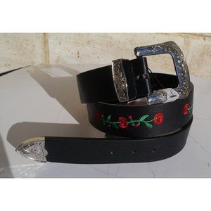 Lodis Los Angeles Black Leather Belt Red Roses Embroidery Women's  L READ